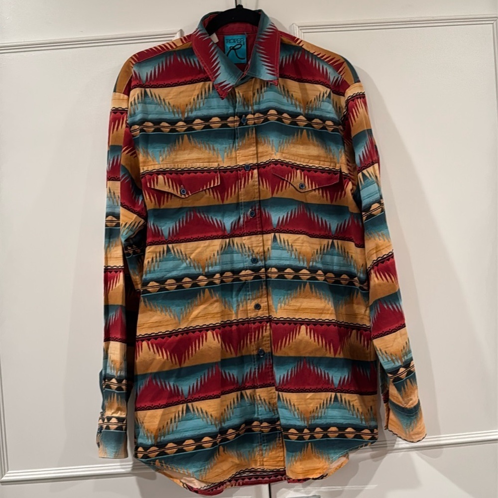 Roper Southwestern Tan Multicolored Print Button Down Cotton Shirt Size XL